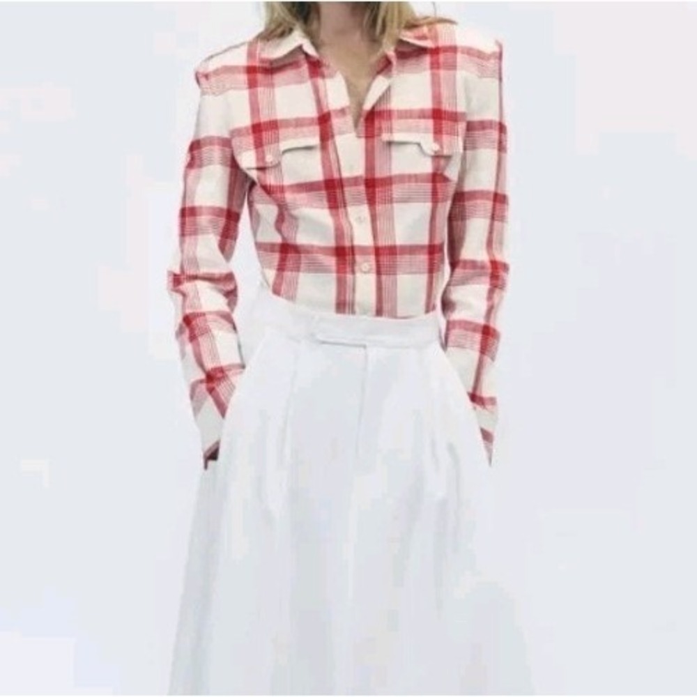 Zara ZW Collection Checked Button Up Shirt Shoulder Pads Red Sz S NWT